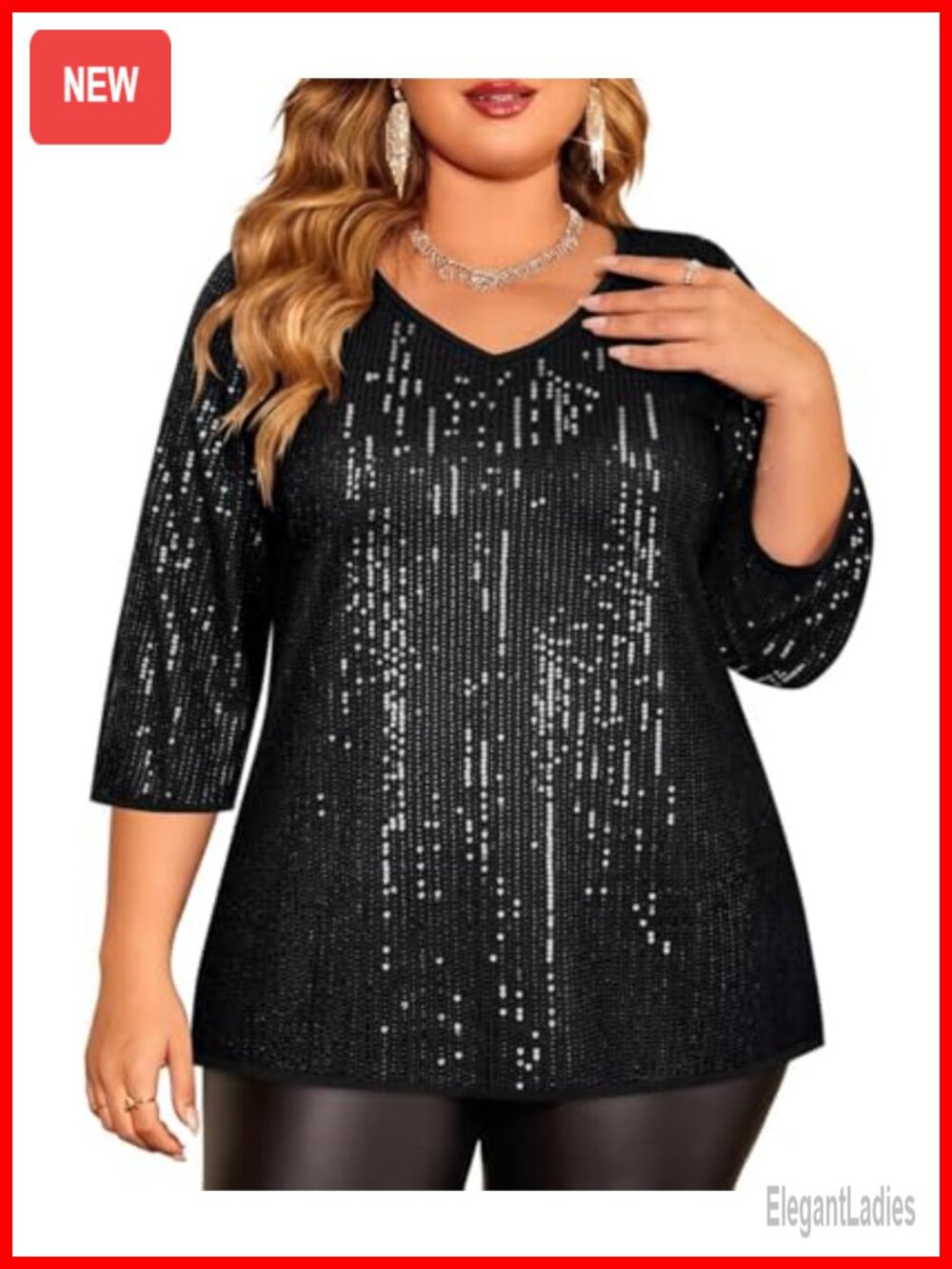 Plus Size Sequin 3/4 Sleeve Party Tunic Top